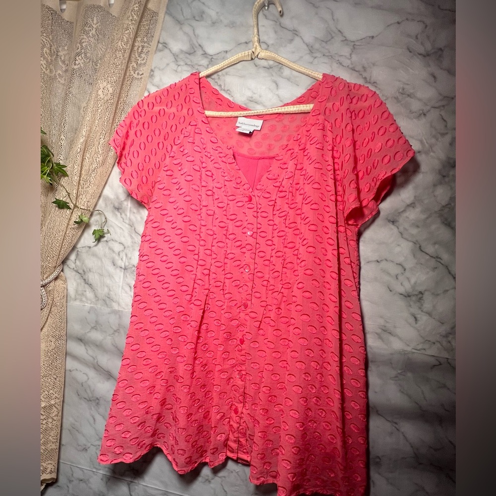 Silk Blend Coral Soft Button Detail Textured V Neck Blouse M Soft Surroundings